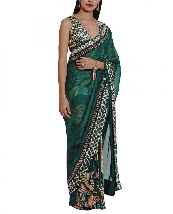 Printed Embroidered Half and Half Sheer Sari