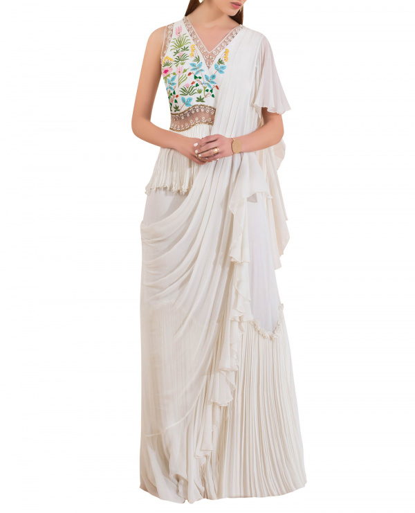 Embroidered Peplum Sari Gown