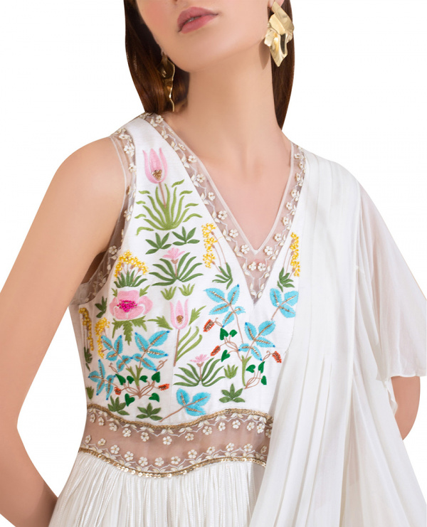 Embroidered Peplum Sari Gown