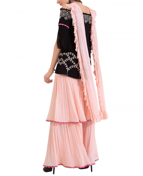 Embroidered Off-Shoulder Kurta with Layered Palazzo and Ruffle Dupatta